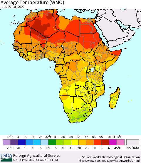 Africa Average Temperature (WMO) Thematic Map For 7/25/2022 - 7/31/2022