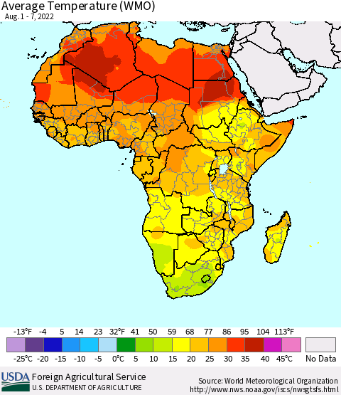 Africa Average Temperature (WMO) Thematic Map For 8/1/2022 - 8/7/2022