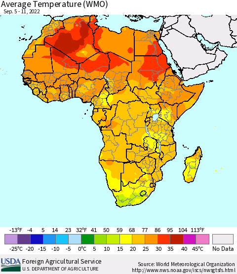 Africa Average Temperature (WMO) Thematic Map For 9/5/2022 - 9/11/2022