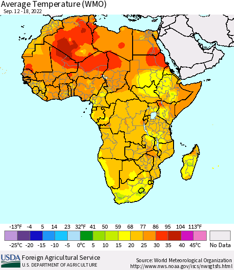 Africa Average Temperature (WMO) Thematic Map For 9/12/2022 - 9/18/2022