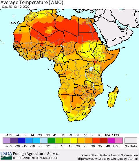 Africa Average Temperature (WMO) Thematic Map For 9/26/2022 - 10/2/2022