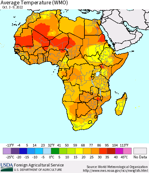 Africa Average Temperature (WMO) Thematic Map For 10/3/2022 - 10/9/2022