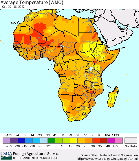 Africa Average Temperature (WMO) Thematic Map For 10/10/2022 - 10/16/2022