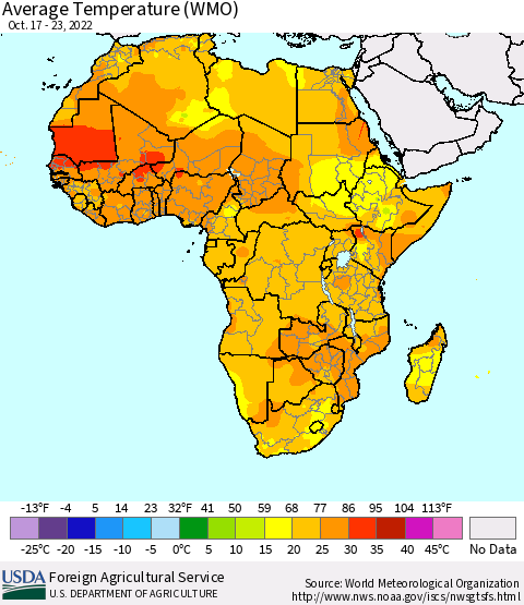 Africa Average Temperature (WMO) Thematic Map For 10/17/2022 - 10/23/2022