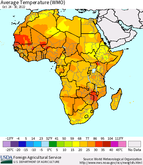 Africa Average Temperature (WMO) Thematic Map For 10/24/2022 - 10/30/2022
