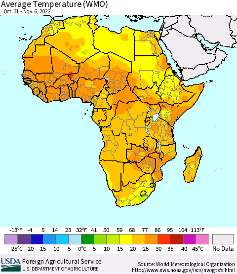 Africa Average Temperature (WMO) Thematic Map For 10/31/2022 - 11/6/2022
