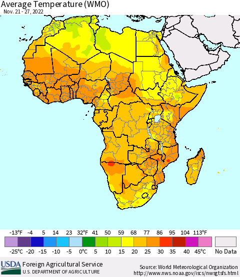 Africa Average Temperature (WMO) Thematic Map For 11/21/2022 - 11/27/2022