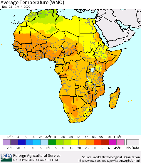 Africa Average Temperature (WMO) Thematic Map For 11/28/2022 - 12/4/2022