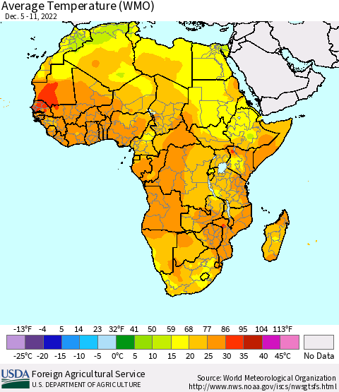 Africa Average Temperature (WMO) Thematic Map For 12/5/2022 - 12/11/2022