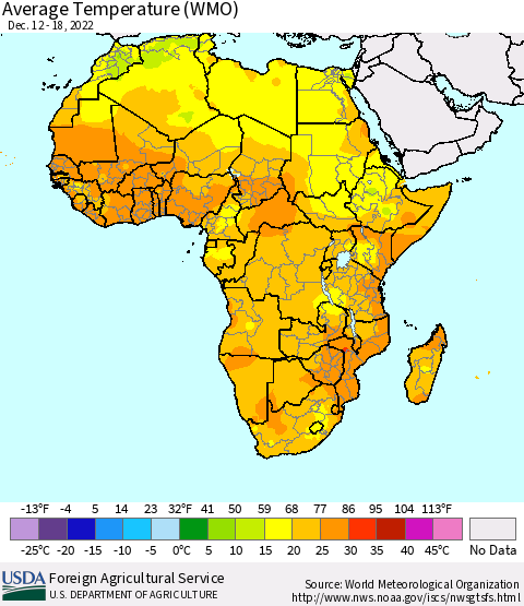 Africa Average Temperature (WMO) Thematic Map For 12/12/2022 - 12/18/2022