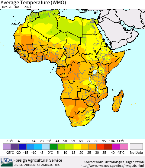 Africa Average Temperature (WMO) Thematic Map For 12/26/2022 - 1/1/2023