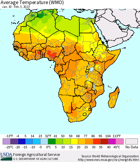 Africa Average Temperature (WMO) Thematic Map For 1/30/2023 - 2/5/2023