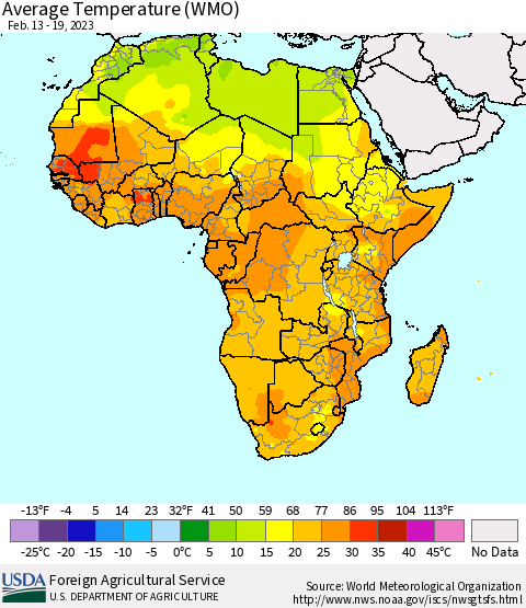 Africa Average Temperature (WMO) Thematic Map For 2/13/2023 - 2/19/2023