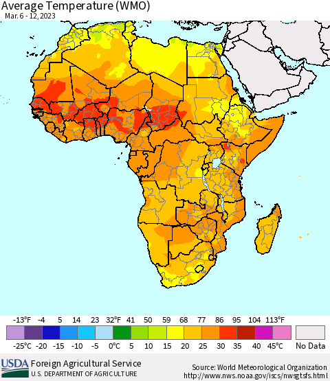 Africa Average Temperature (WMO) Thematic Map For 3/6/2023 - 3/12/2023