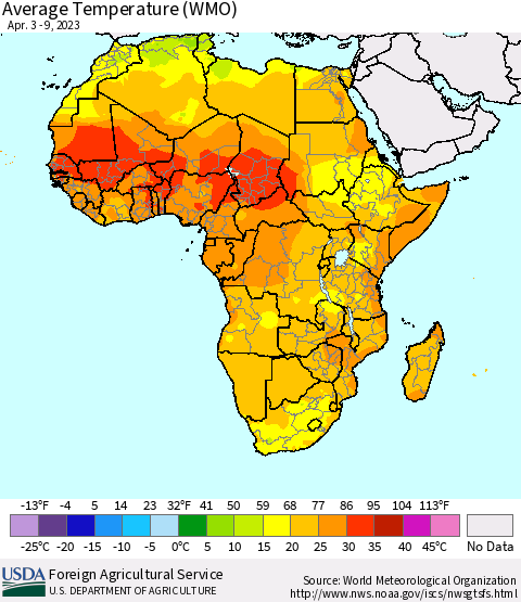 Africa Average Temperature (WMO) Thematic Map For 4/3/2023 - 4/9/2023