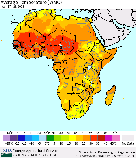 Africa Average Temperature (WMO) Thematic Map For 4/17/2023 - 4/23/2023