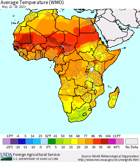 Africa Average Temperature (WMO) Thematic Map For 5/22/2023 - 5/28/2023