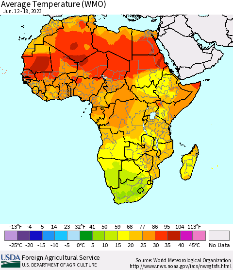 Africa Average Temperature (WMO) Thematic Map For 6/12/2023 - 6/18/2023