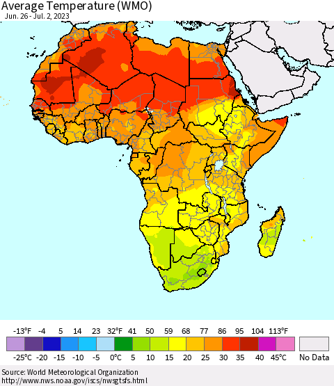 Africa Average Temperature (WMO) Thematic Map For 6/26/2023 - 7/2/2023