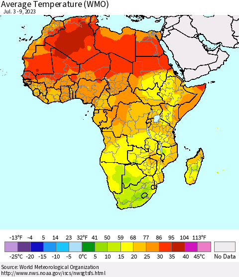 Africa Average Temperature (WMO) Thematic Map For 7/3/2023 - 7/9/2023