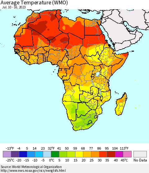 Africa Average Temperature (WMO) Thematic Map For 7/10/2023 - 7/16/2023