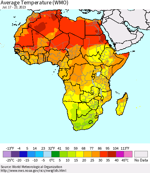 Africa Average Temperature (WMO) Thematic Map For 7/17/2023 - 7/23/2023