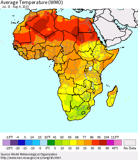 Africa Average Temperature (WMO) Thematic Map For 7/31/2023 - 8/6/2023