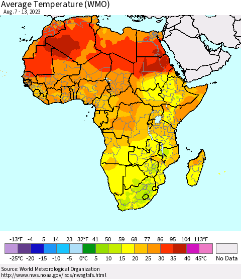 Africa Average Temperature (WMO) Thematic Map For 8/7/2023 - 8/13/2023