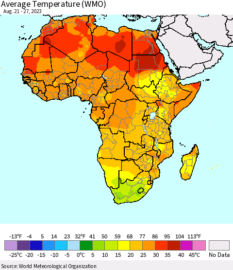 Africa Average Temperature (WMO) Thematic Map For 8/21/2023 - 8/27/2023