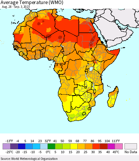 Africa Average Temperature (WMO) Thematic Map For 8/28/2023 - 9/3/2023