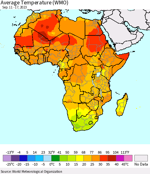 Africa Average Temperature (WMO) Thematic Map For 9/11/2023 - 9/17/2023