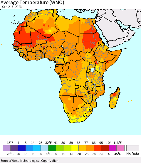 Africa Average Temperature (WMO) Thematic Map For 10/2/2023 - 10/8/2023