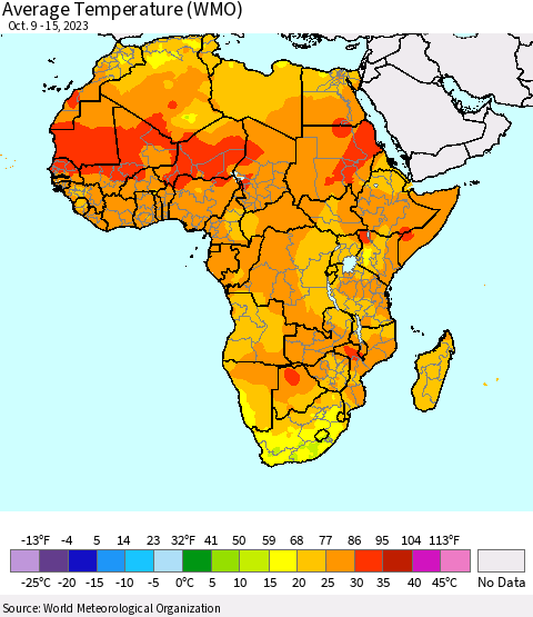 Africa Average Temperature (WMO) Thematic Map For 10/9/2023 - 10/15/2023