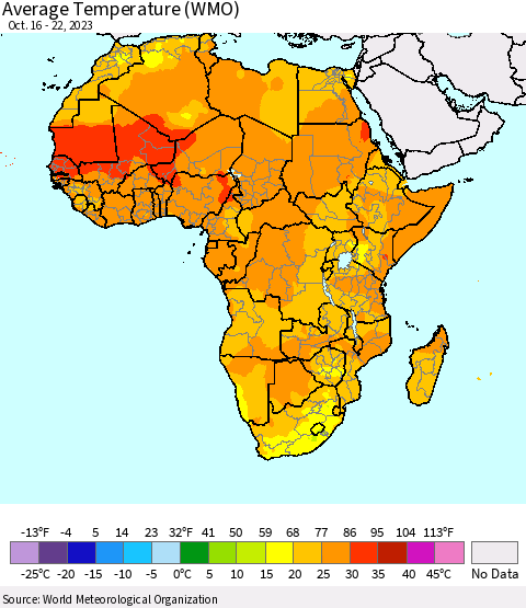 Africa Average Temperature (WMO) Thematic Map For 10/16/2023 - 10/22/2023