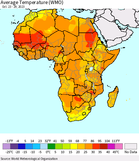 Africa Average Temperature (WMO) Thematic Map For 10/23/2023 - 10/29/2023