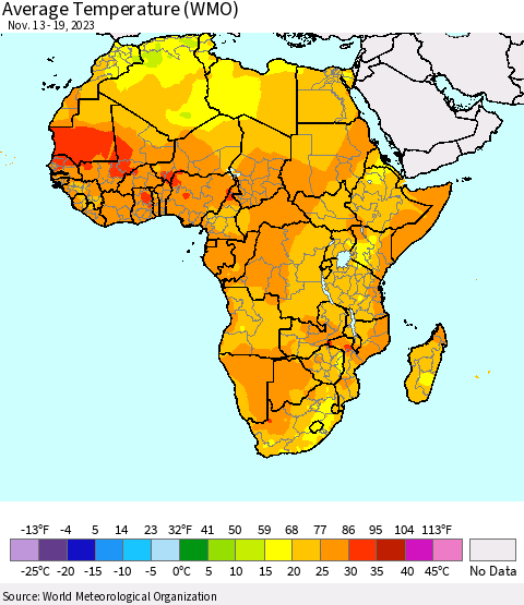 Africa Average Temperature (WMO) Thematic Map For 11/13/2023 - 11/19/2023