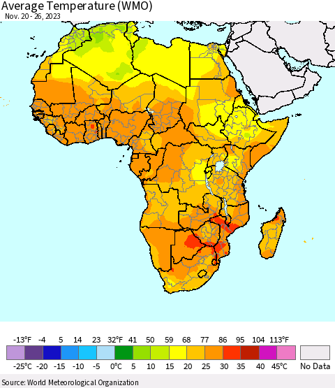 Africa Average Temperature (WMO) Thematic Map For 11/20/2023 - 11/26/2023