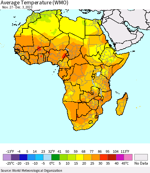 Africa Average Temperature (WMO) Thematic Map For 11/27/2023 - 12/3/2023
