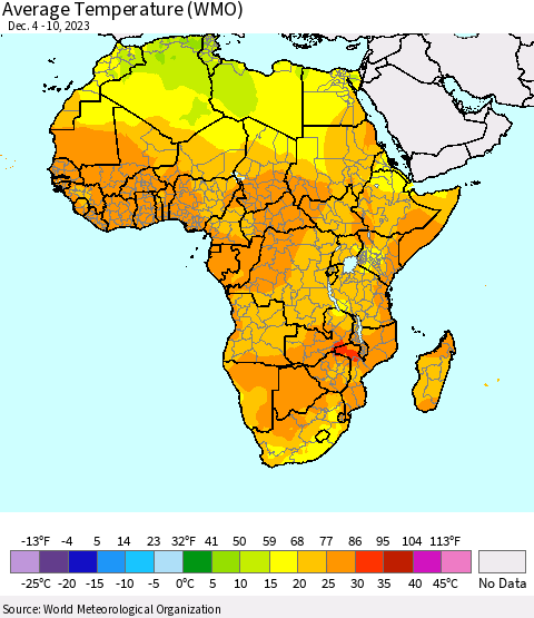Africa Average Temperature (WMO) Thematic Map For 12/4/2023 - 12/10/2023