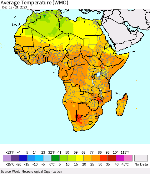 Africa Average Temperature (WMO) Thematic Map For 12/18/2023 - 12/24/2023