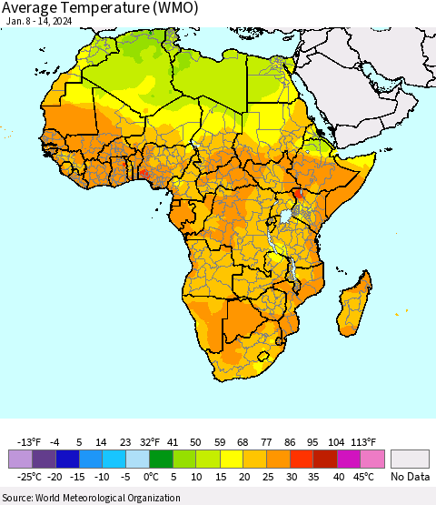 Africa Average Temperature (WMO) Thematic Map For 1/8/2024 - 1/14/2024