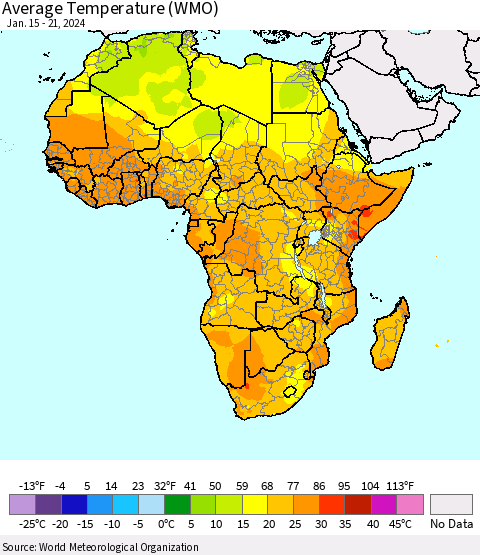 Africa Average Temperature (WMO) Thematic Map For 1/15/2024 - 1/21/2024