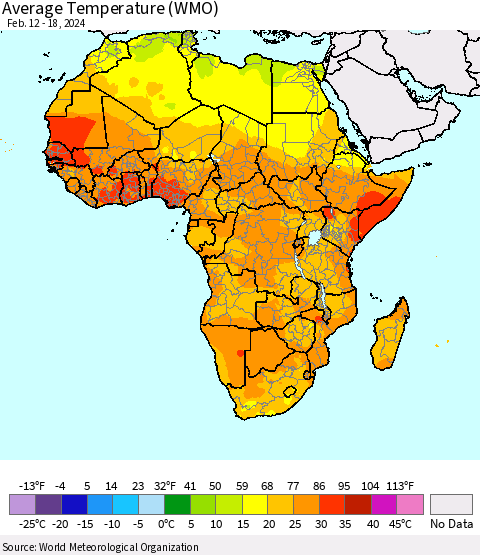 Africa Average Temperature (WMO) Thematic Map For 2/12/2024 - 2/18/2024
