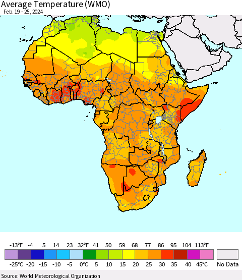 Africa Average Temperature (WMO) Thematic Map For 2/19/2024 - 2/25/2024