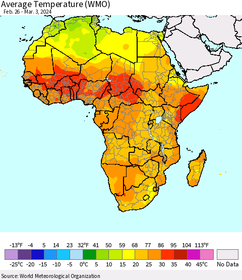 Africa Average Temperature (WMO) Thematic Map For 2/26/2024 - 3/3/2024