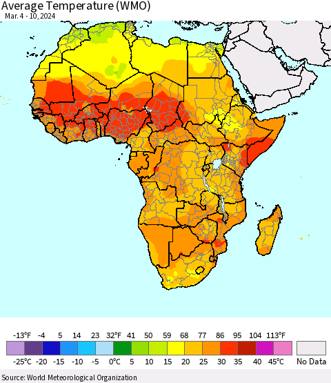 Africa Average Temperature (WMO) Thematic Map For 3/4/2024 - 3/10/2024