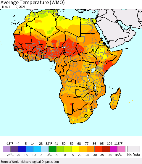 Africa Average Temperature (WMO) Thematic Map For 3/11/2024 - 3/17/2024