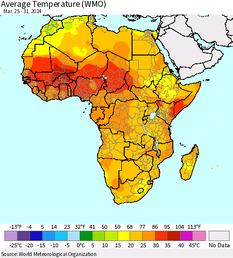 Africa Average Temperature (WMO) Thematic Map For 3/25/2024 - 3/31/2024