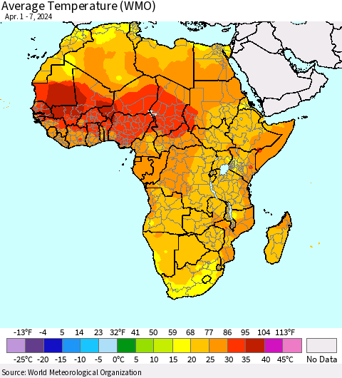 Africa Average Temperature (WMO) Thematic Map For 4/1/2024 - 4/7/2024