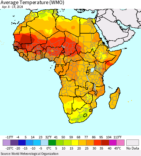 Africa Average Temperature (WMO) Thematic Map For 4/8/2024 - 4/14/2024